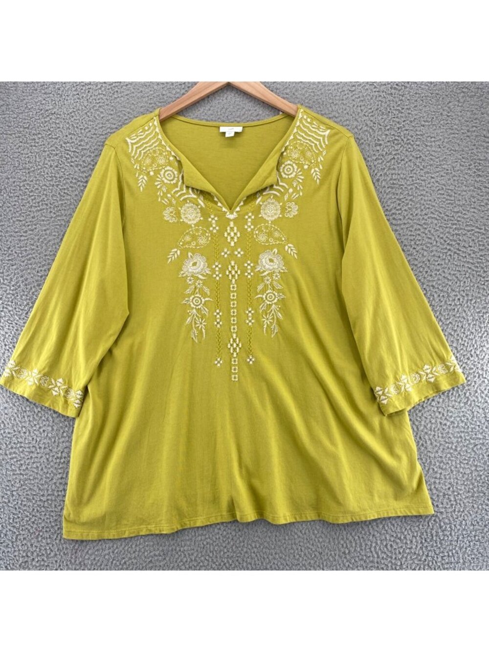 J Jill Top Womens Extra Large Green Embroidered Floral 3/4 Sleeve Tunic Stretch